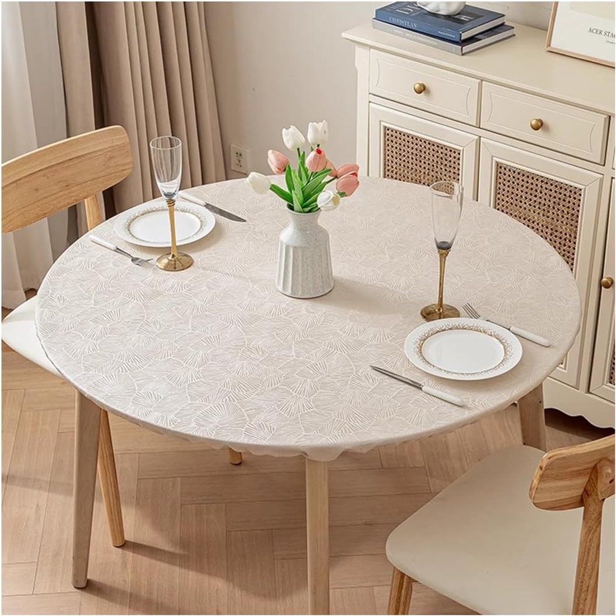 Waterdichte Ronde Tafelkleed met Elastische Rand - Eenvoudig Schoon te Maken, 80 cm Diameter, Beige, Ideaal voor Tuin en Feestjes