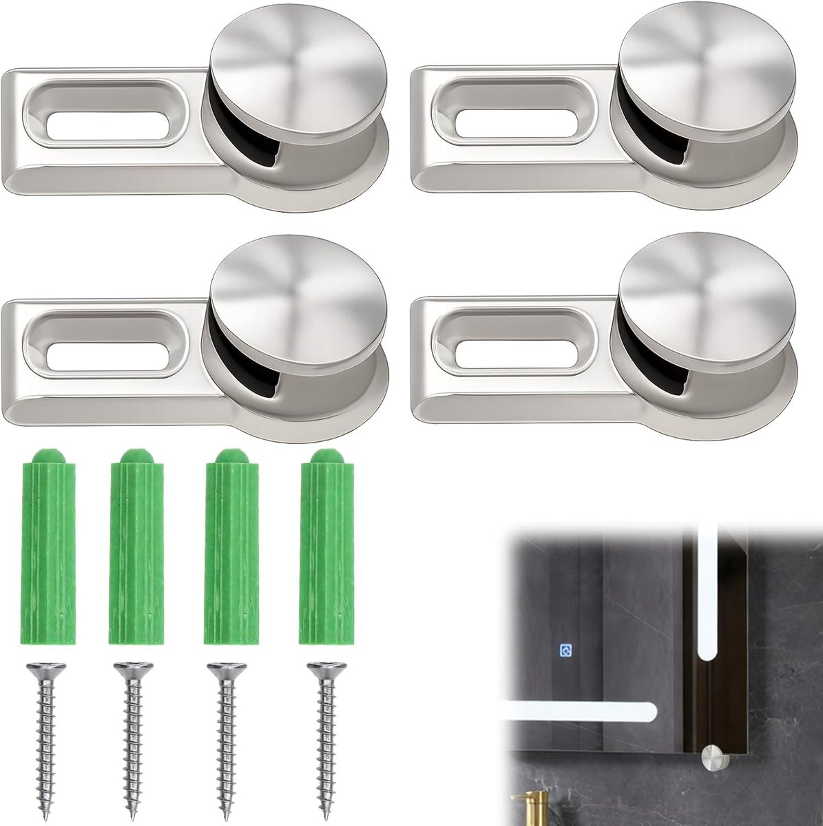 Roestvrijstalen glazen klemmen voor spiegels, 4 stuks, geschikt voor 4-7 mm glas, inclusief wandpluggen en schroeven voor stevige bevestiging