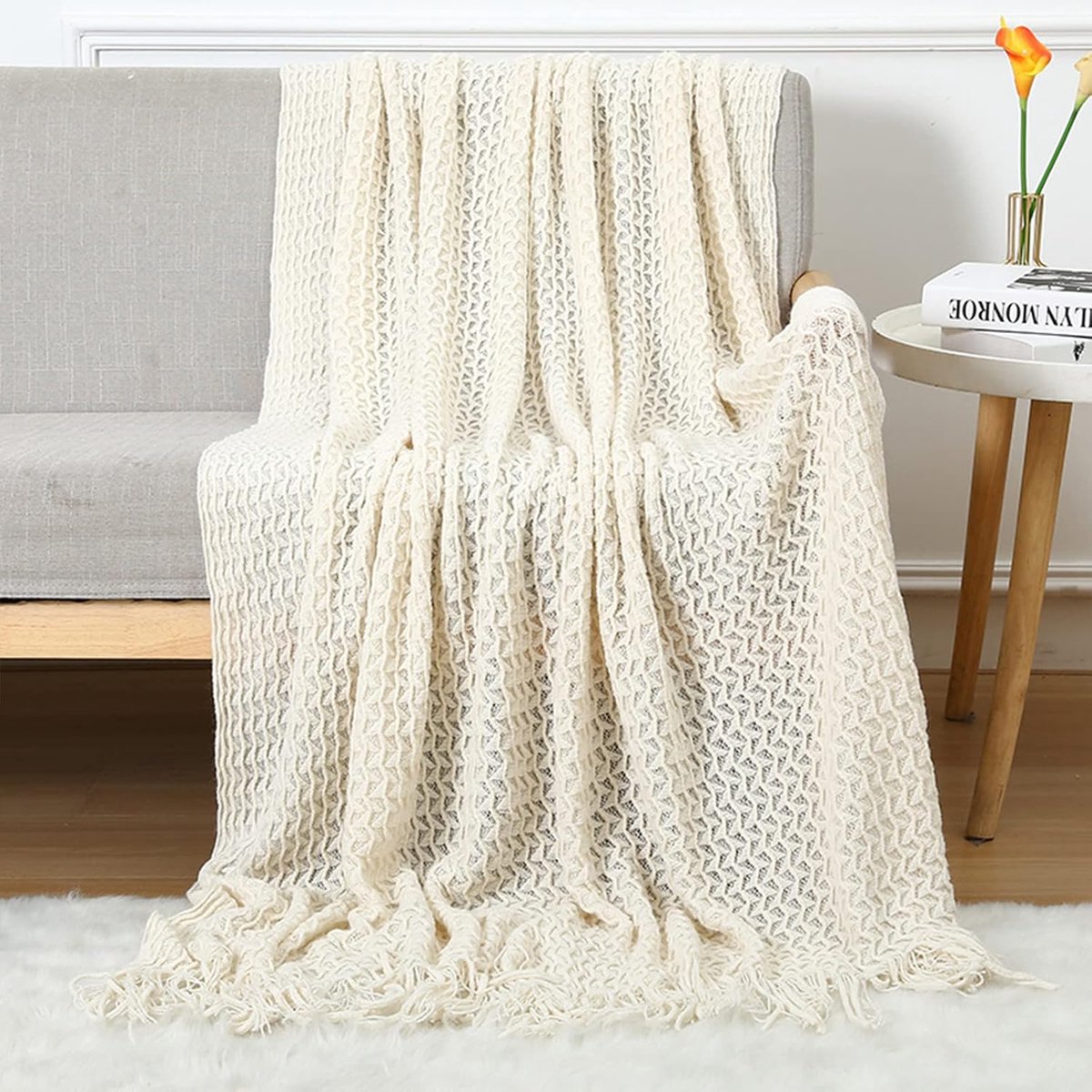LumiSyne Cellular Knitted Throw Blanket with Tassel Solid Color Delicate Hollow Weave Pattern Soft Breathable Sofa - ShopVlot
