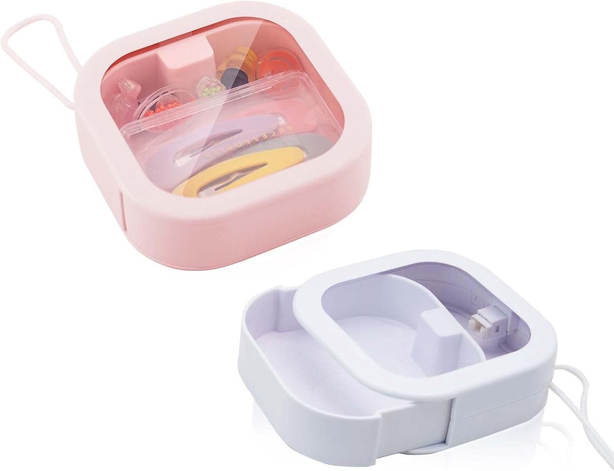 Draagbare Organizer voor Haarelastieken en Accessoires - Plastic Opbergdoos voor Sieraden, Hoofdtelefoon en Wattenstaafjes (Wit, Roze)