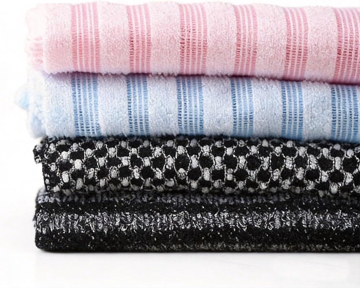 Exfoliërende douchehanddoek set van 4 - krachtige rugscrubber voor dode huid, antibacterieel nylon gaas, bodyscrubber voor mannen en vrouwen, ideaal voor een zachte huid en optimale reiniging