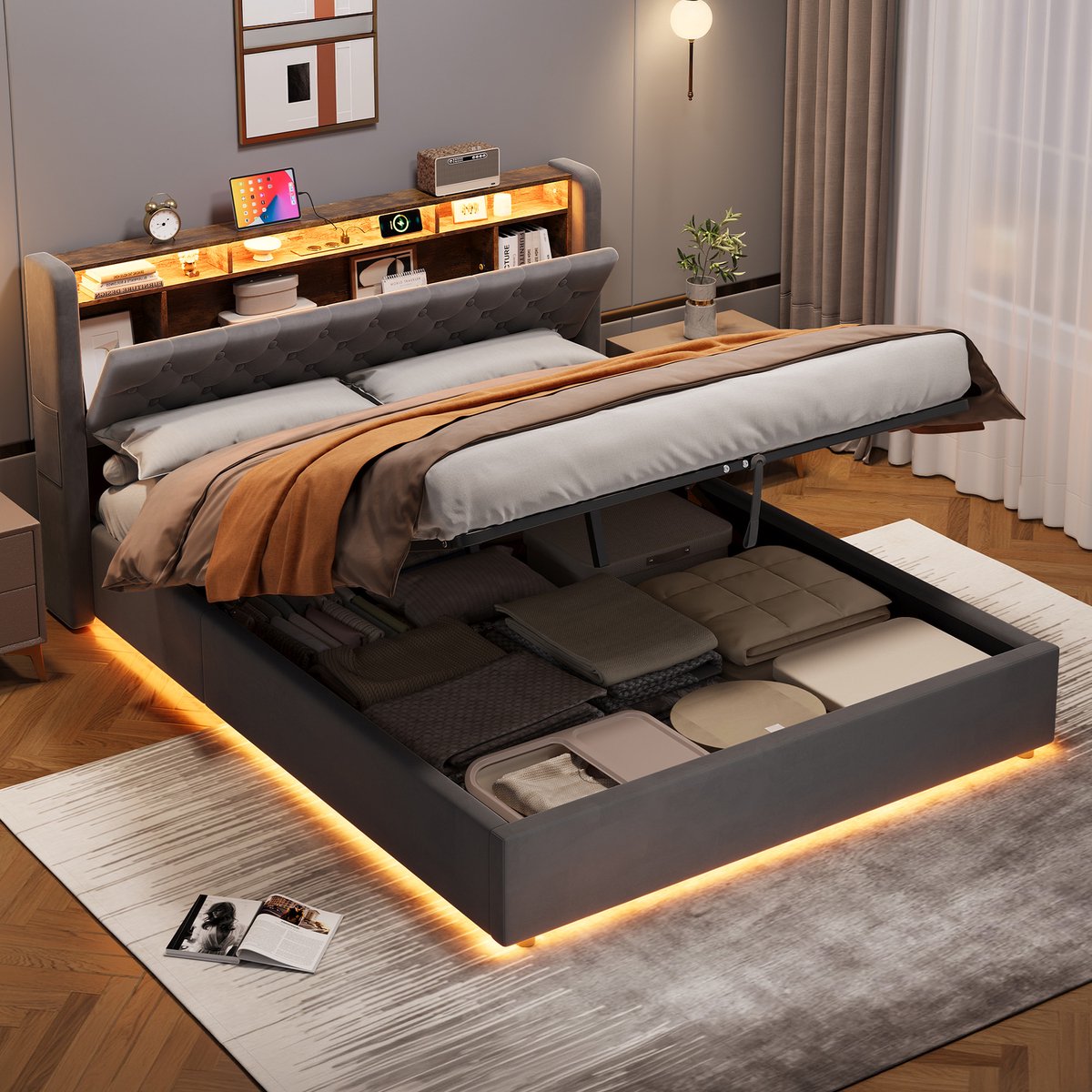 REDOM Gestoffeerd Bed 160x200 cm – Opbergbed met Hoofdbord Opbergruimte – Ruim Hydraulisch Bedframe – Fluwelen Tweepersoonsbed – Donkergrijs