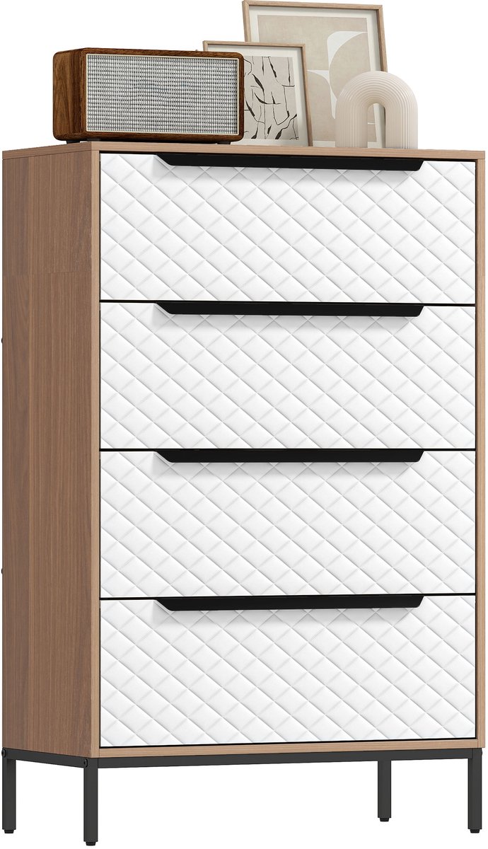 Social® Ladekast met 4 Stoffen Lade - Commode met Diamantpatroon - Opbergkast voor Slaapkamer - Woonkamer en Kantoor - Wit en Houtlook - 59,5x30x73,5 cm