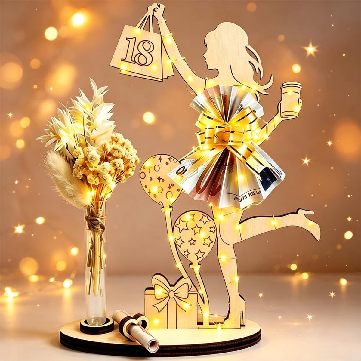 Geldgeschenk voor 18e verjaardag - houten figuur met led - decoratieve strik - unieke verrassing voor meisjes - ShopVlot