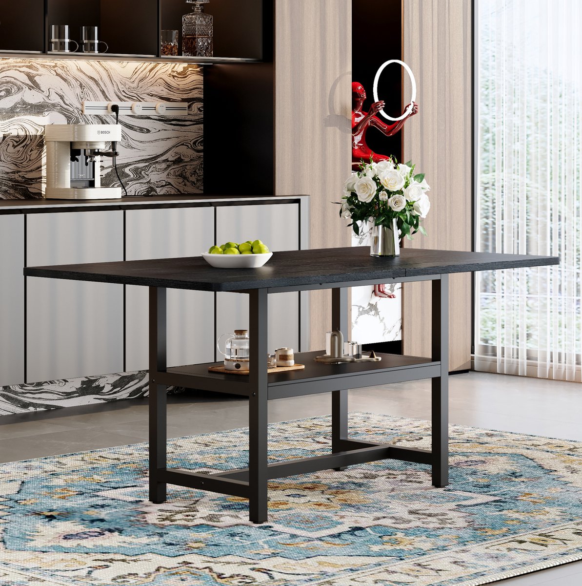 COVREO Eettafel 160x90x76 cm zwart, MDF en metaal met opbergrek