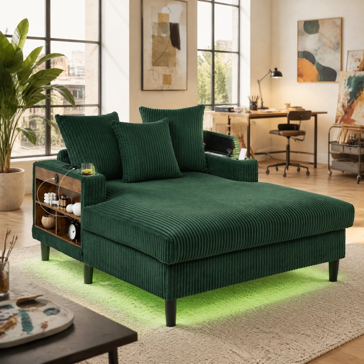 DESMIU Chaise Longue 1-Zits - Met LED-Verlichting, USB-Poort, Bekerhouders, Opbergruimte En Zijtas - Voor Woonkamer En Balkon - Ribstof - Groen