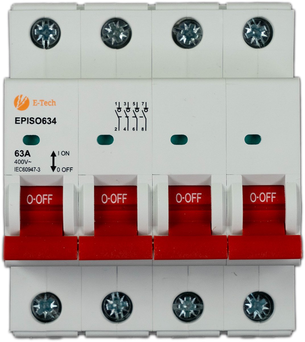 E-TECH Hoofdschakelaar 63A – 4 Polig – 3 Fase – 400V – Groepenkast – DIN-rail