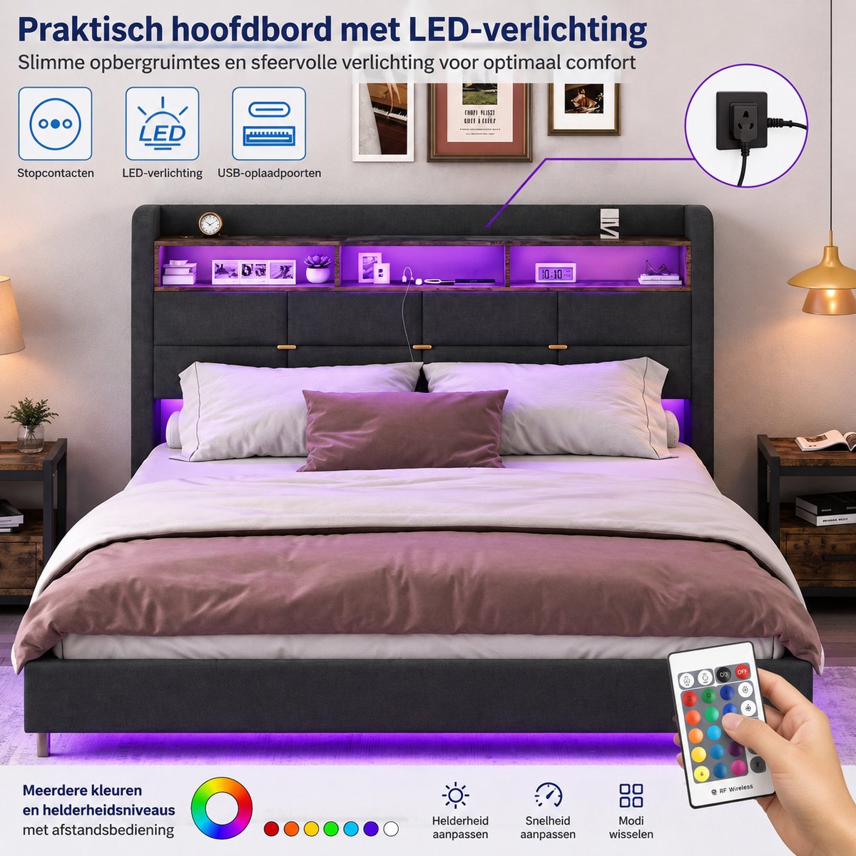 Parasha Nova Bed - 140x190 cm - Stoffen zwevend bed met LED-verlichting - 2 stopcontacten en 2 USB-poorten - hoofdbord met opbergruimte