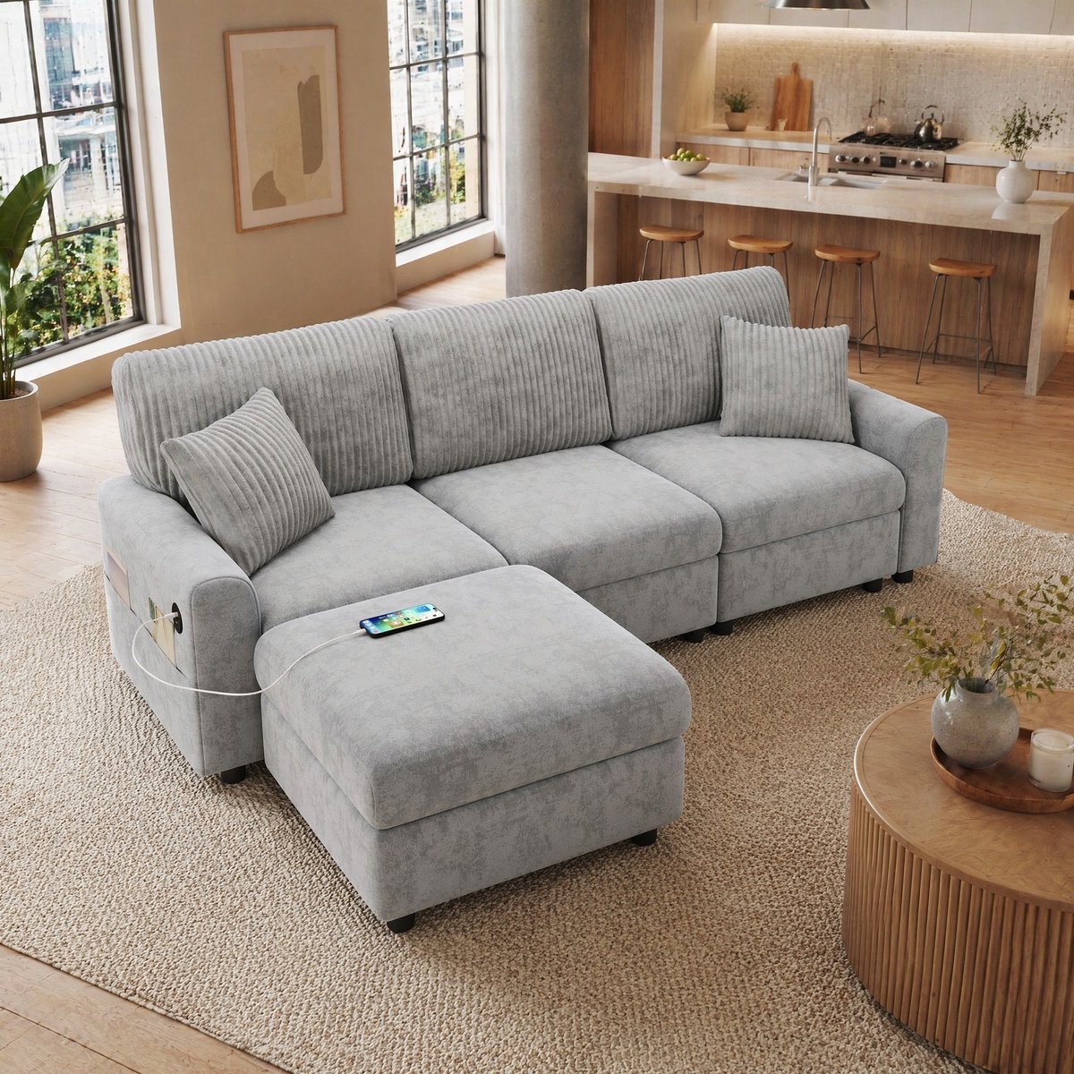 DESMIU Hoekbank 223 Cm - Met Voetenbank, 2 Sierkussens, Usb En Type C Aansluiting - Voor Woonkamer - Chenille Corduroy - Grijs
