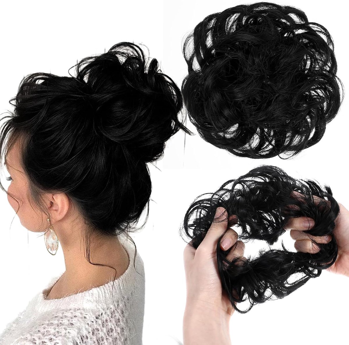Haarstukjes Krullend 2 Stuks - Grote Scrunchie van Echte Haar - Zwart Kapsel - Voor Volumedos - ShopVlot