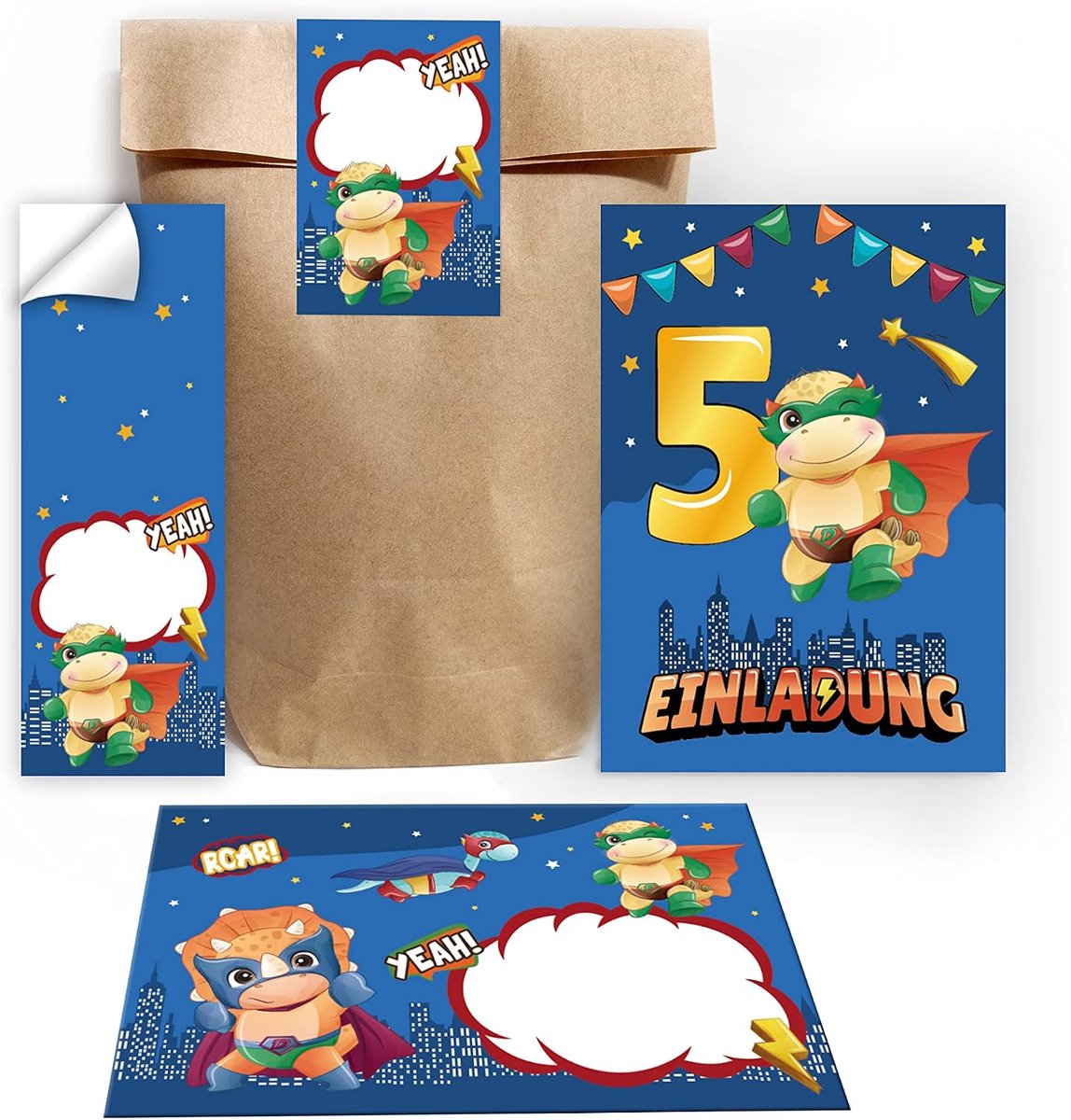 Uitnodigingskaarten 5e verjaardag jongens - dinosaurussen - 12 kaarten en enveloppen - perfect voor feestje - ShopVlot