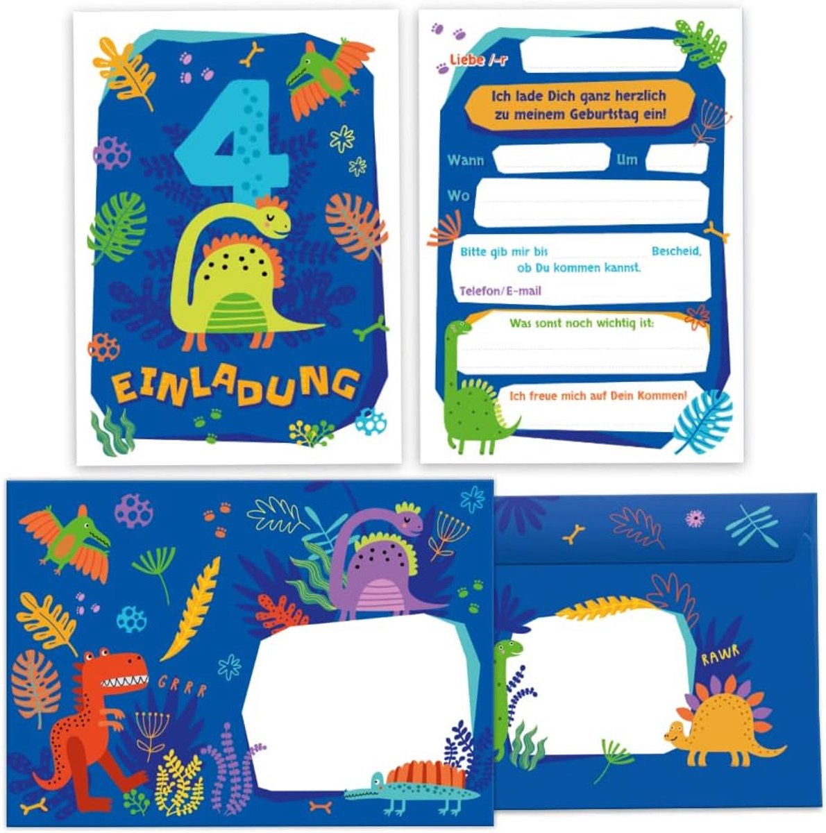 Uitnodigingskaarten 12 stuks - dino thema - inclusief enveloppen - perfect voor 4e verjaardag - ShopVlot