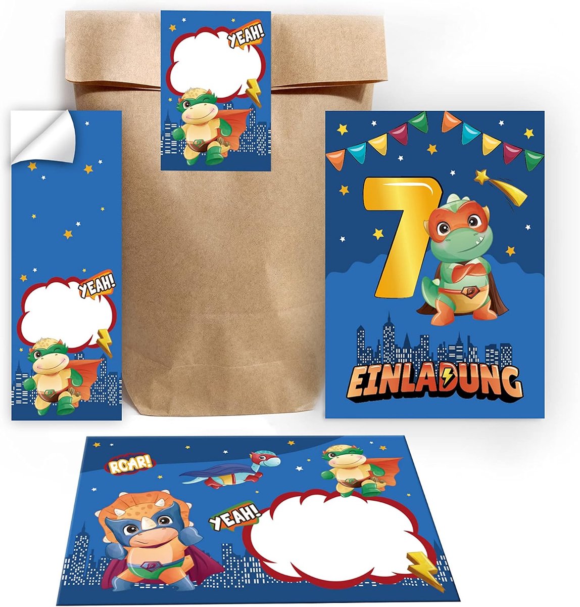 Uitnodigingskaarten 7e verjaardag jongens - Dinosaurus ontwerp - Inclusief enveloppen en stickers - ShopVlot