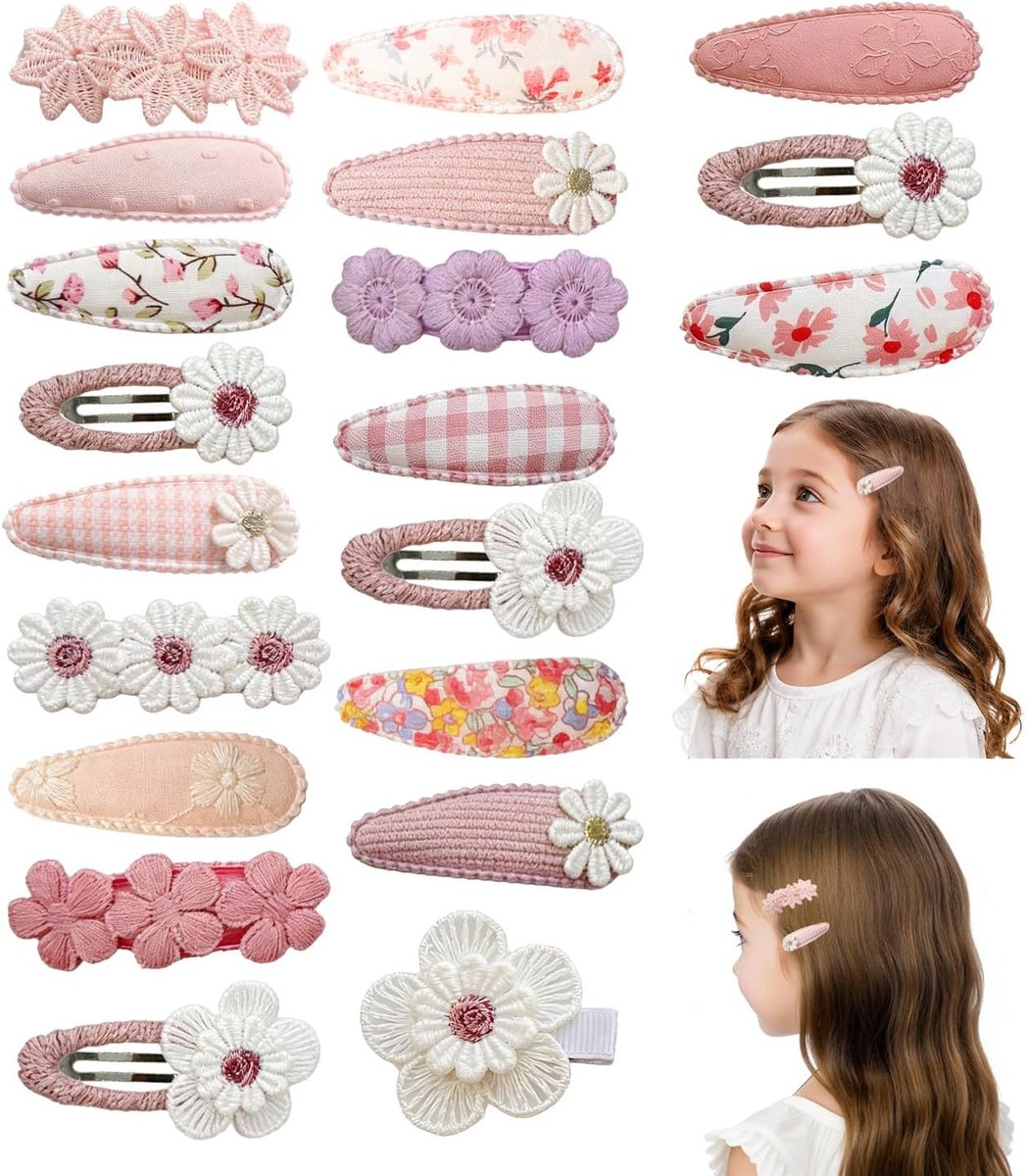Haarspeldjes voor meisjes, 20 stuks - stoffen klikspeldjes - geborduurde madeliefjes - handgemaakte haaraccessoires - ShopVlot