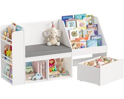 CINK & Co Kinderboekenkast 125 cm - Met Zitbank en Opbergbox - Speelgoedkast - Verrijdbare Box en 5 cm Zitkussen - Wit - 125 x 34 x 68 cm