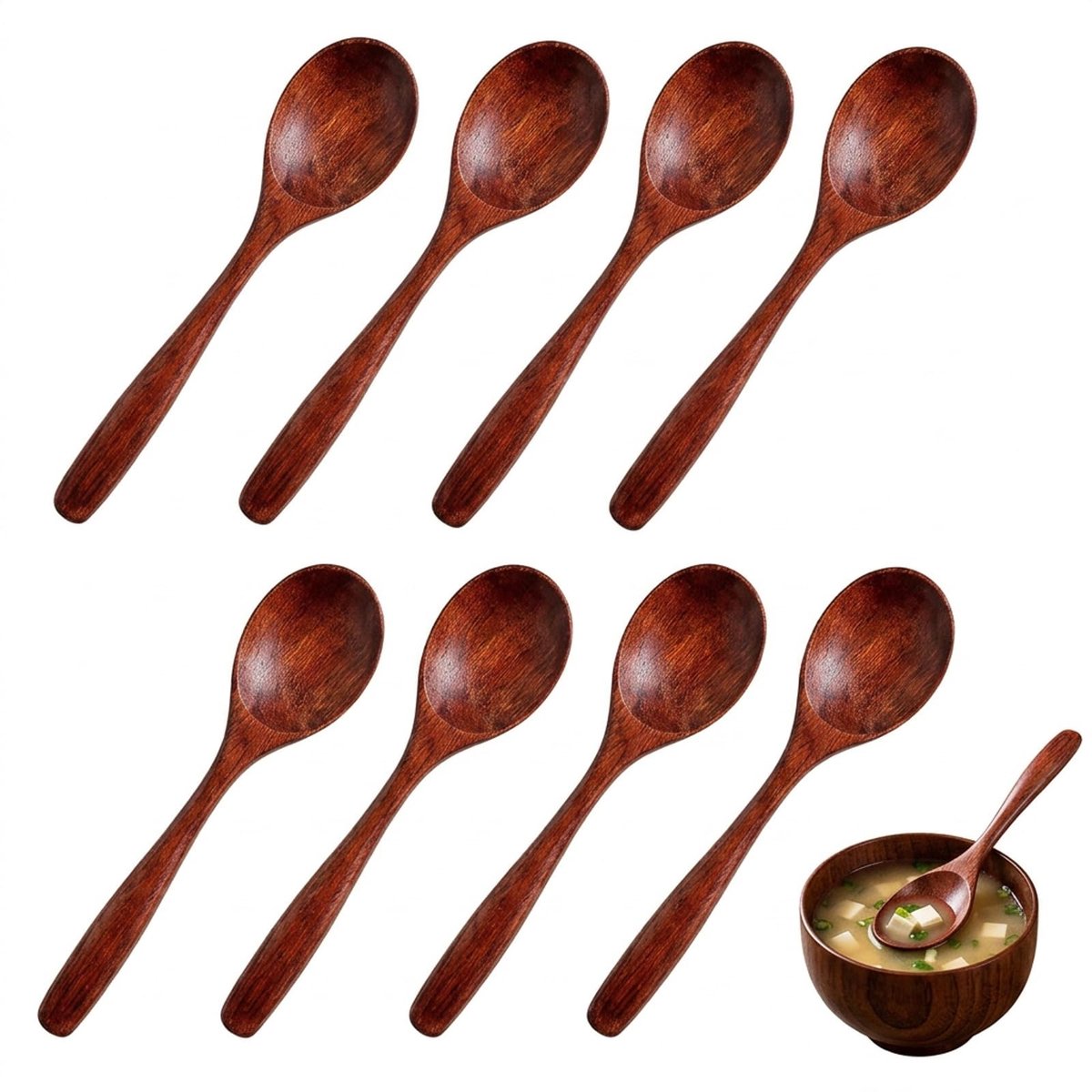 8 houten lepelset, 14,5 cm, voor honing en koffie
