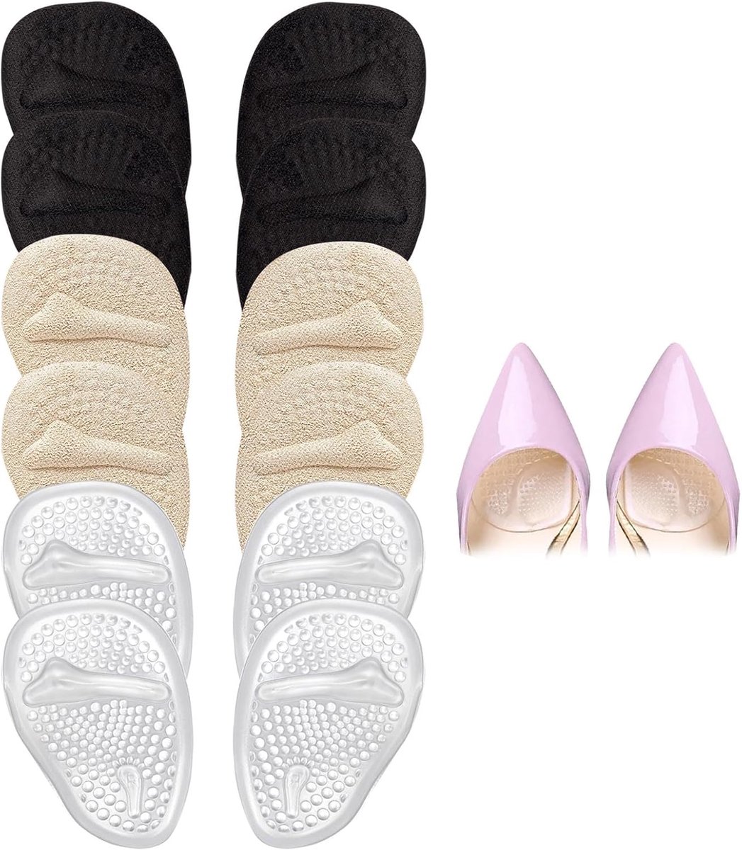 Voorvoetpads voor vrouwen 6 paar - middenvoetkussentjes - zwart, beige en helder - comfortabel lopen - ShopVlot