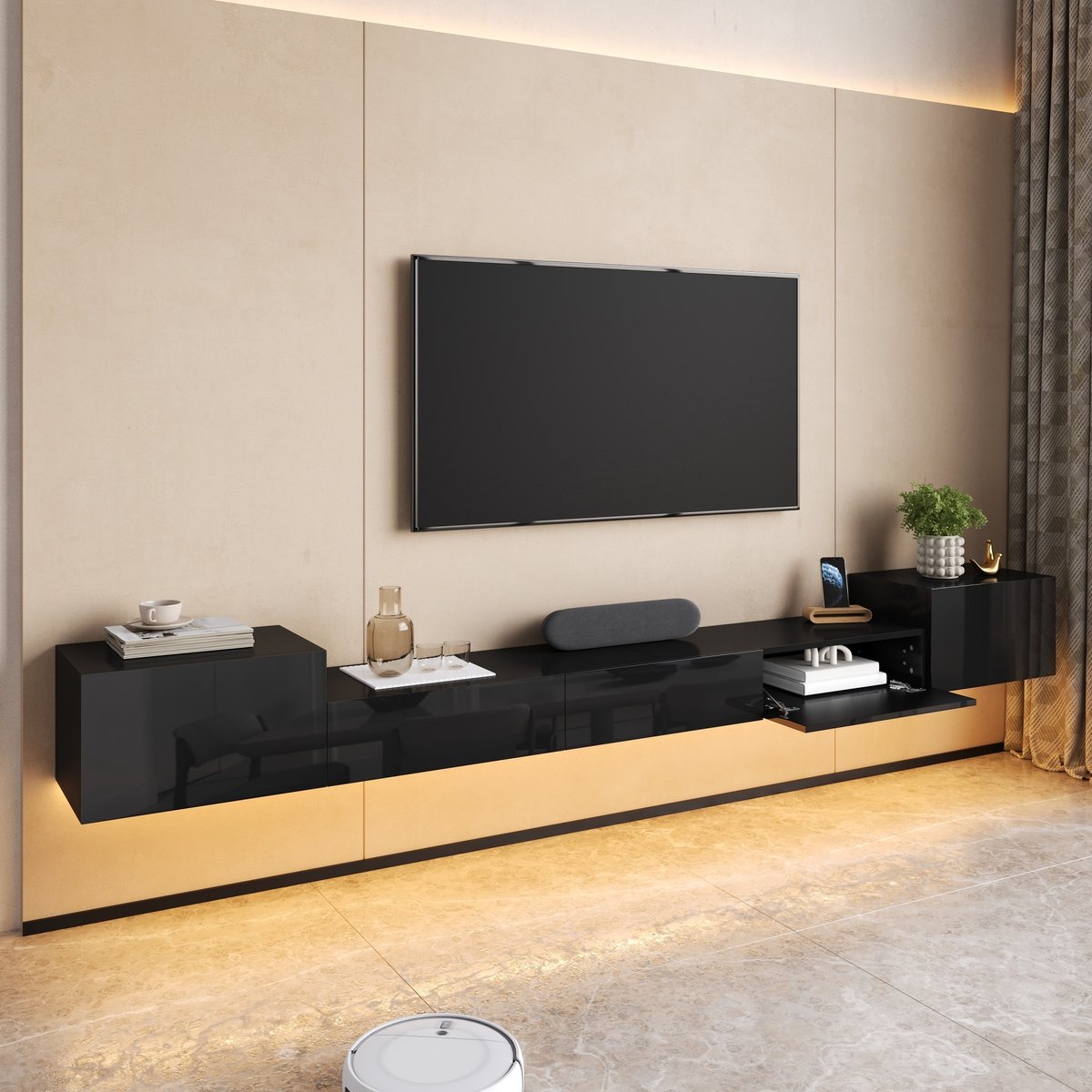 Wandtv-meubel 245x30x26 cm - Hoogglansdeuren - LED-verlichting per app - Ingebouwde kabeldoorvoeren - Robotstofzuiger geschikt - Zwart