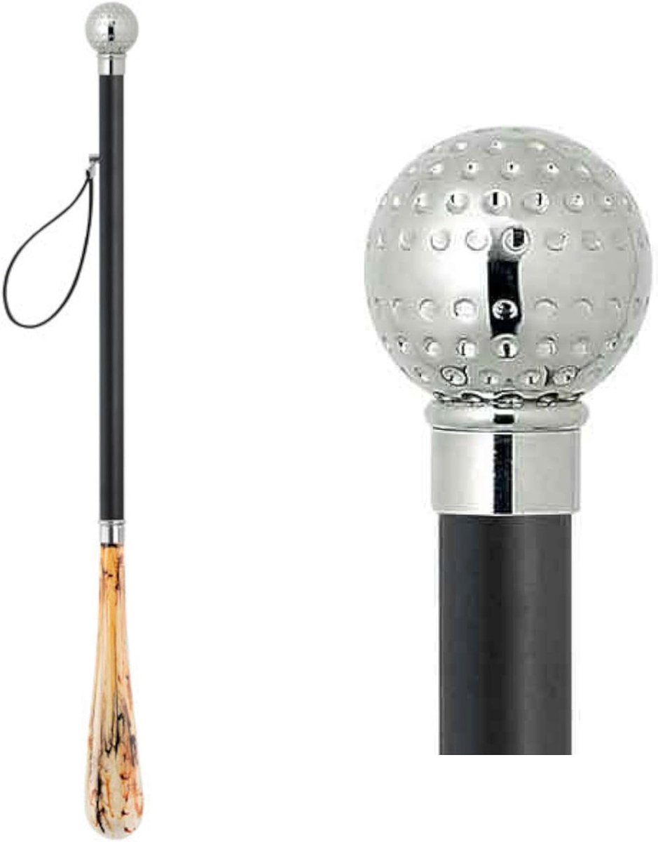 Design schoenlepel 70cm - zwarte houten steel - zilveren golfbal als handvat - ShopVlot