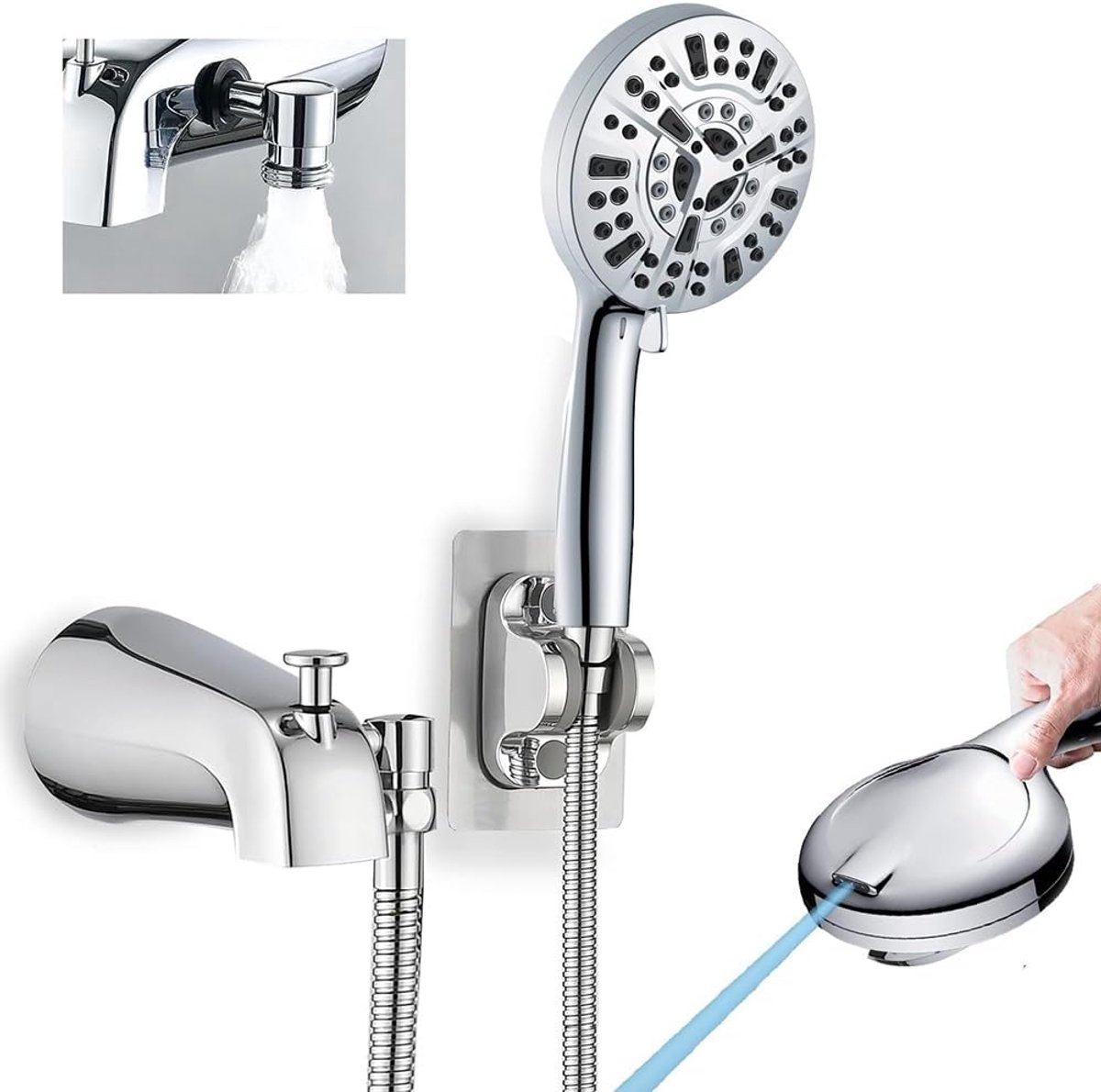 Bathtub faucet made of metal with 9 spray settings, chrome surface, with integrated inverter and universally fitting - ShopVlot