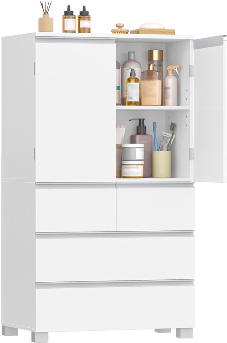 Hzuaneri Badkamerkast met 2 deuren en 4 lades,Keukenkast, verstelbare planken, antislipvoetjes, geschikt voor woonkamer en badkamer, wit, 30 x 60 x 110 cm