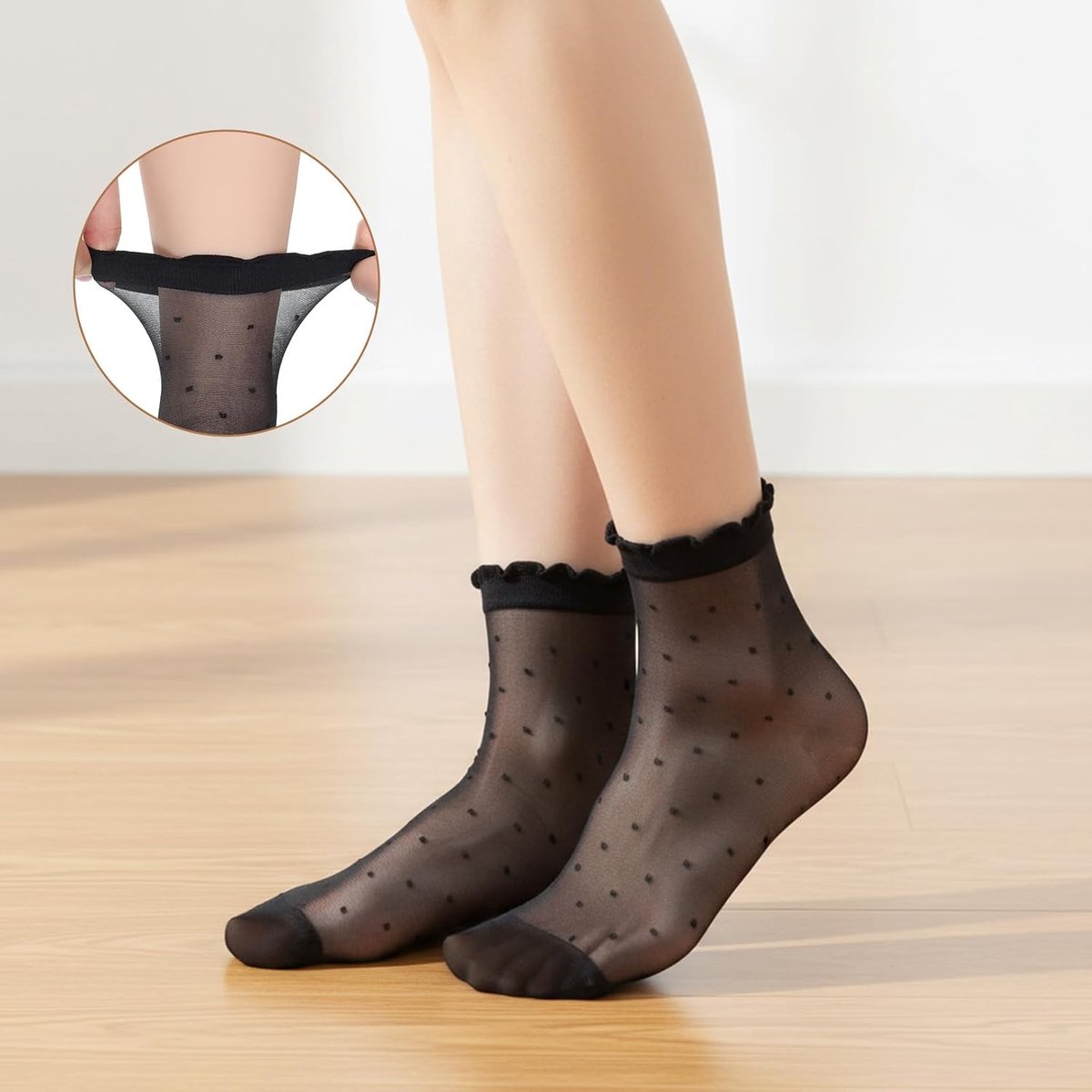 3 Pairs Women's Ruffle Socks Black Polka Dot Lace Socks Ruffle Breathable Thin Nylon Mesh Stockings with Reinforced - ShopVlot