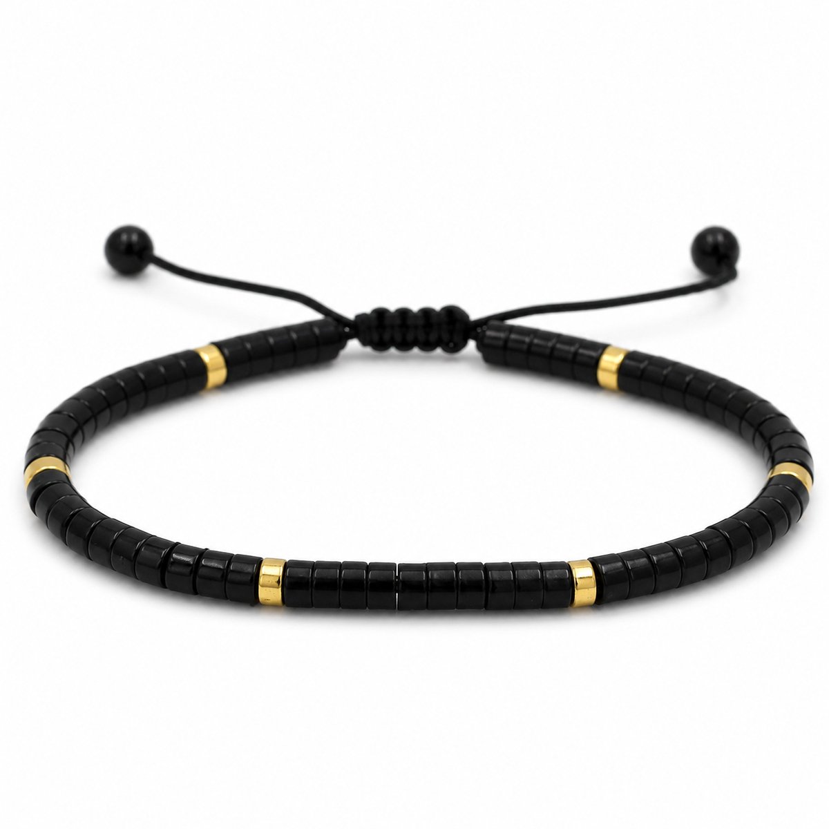 Uniseks armband zwart labradoriet 4 mm – Verstelbare natuursteen kralenarmband met trekkoord – Zwart/Goudkleur– XS t/m XL