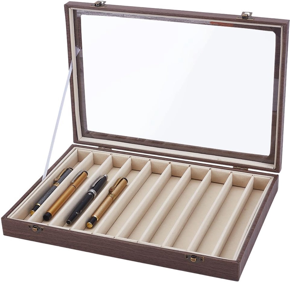 ORIGACH Vulpen displaybox met 10 sleuven - vintage houtnerf pennenetui met acryl deksel, PU-lederen en fluwelen - ShopVlot