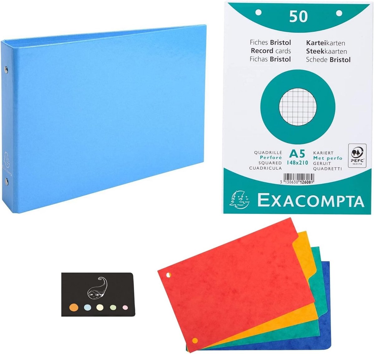 Index Card Binder + 100 Index Cards A5 Checked Perforated + 4 Tabs + 1 Adhesive Index Flower (Sky Blue) - ShopVlot