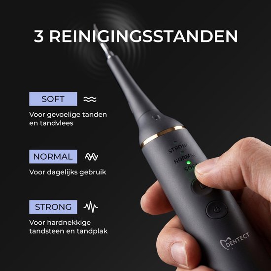 De Dentect tandsteenverwijderaar heeft 3 reinigingsstanden: Soft voor gevoelige tanden, Normal voor dagelijks gebruik, Strong voor hardnekkige tandsteen.
