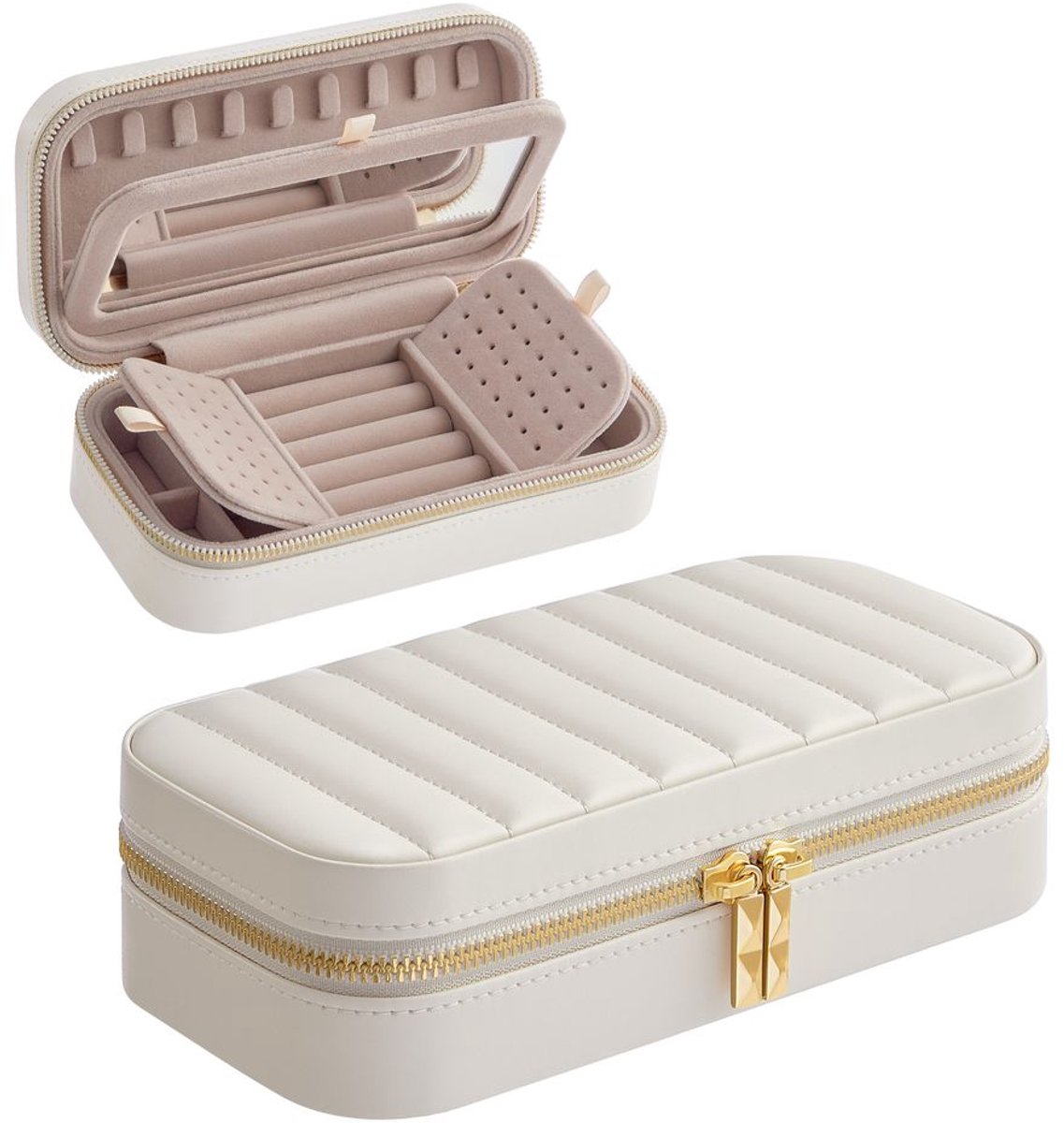 Conway Living® ANAH Reissieradendoosje - Compacte Sieradendoos met Spiegel & Oorbelhouder - Luxe PU Leer - Wolkewit - 20,5 x 10,5 x 6 cm