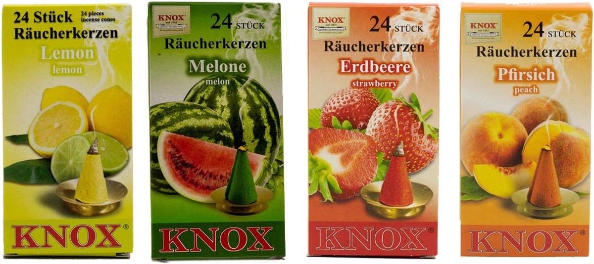 KNOX Set of 4 Incense Cones, Size M, Summer Fruit, Lemon + Melon + Strawberries + Peach, 4 x 24 Pieces, Made in Germany - ShopVlot