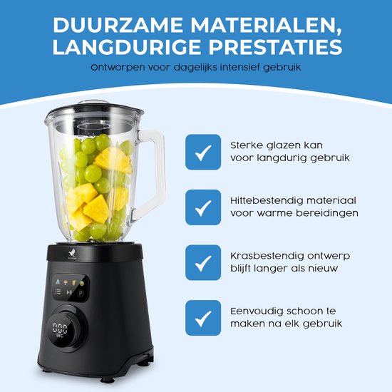 NovaWare Blender - 1.5L - 1000W Smoothie Maker - Incl. Koffiemolen / Bonenmaler Functie 250ML - Met Display - Glas - Zwart van NovaWare — afbeelding 4