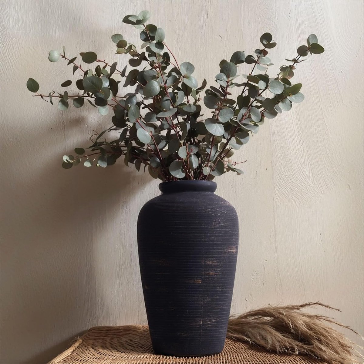 Large Ceramic Rustic Vase - 11 Inch Black Vintage Decorative for Home Decoration, Living Room, Shelf Decoration - ShopVlot