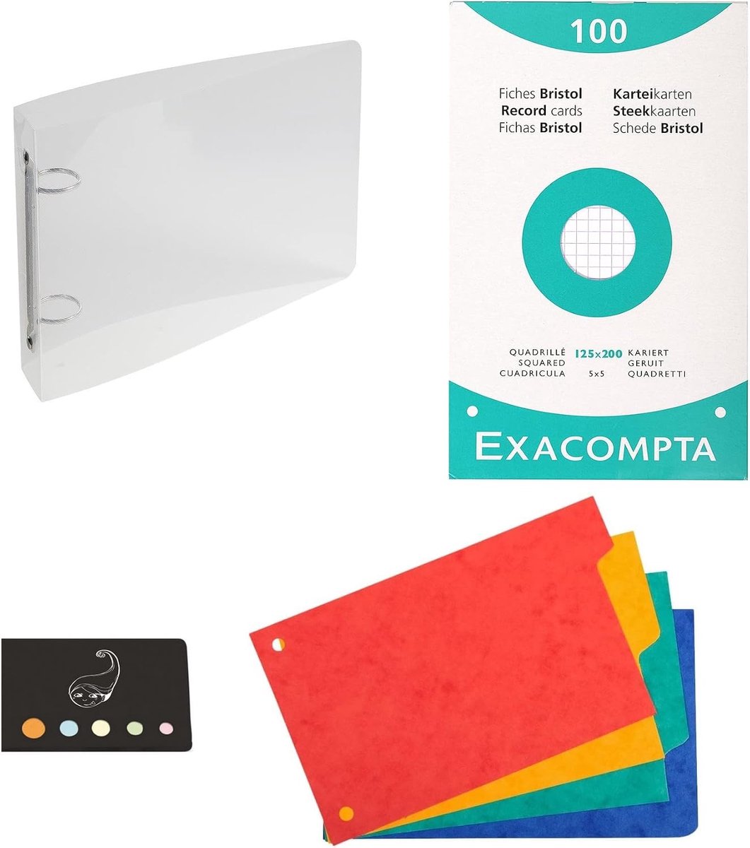 Set of 1 polypro folder, transparent, 125 x 200 mm + 100 index cards, checkered, perforated + 4 tabs + 1 index Blumie - ShopVlot