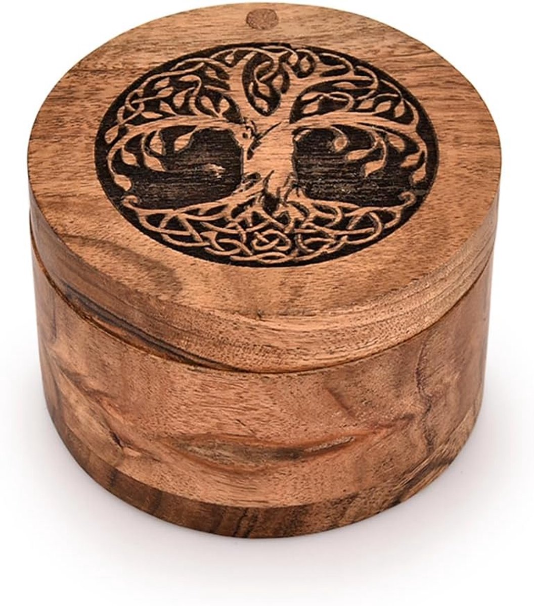 Decorative Urn Acacia Wood Round Shape - For Human Ash Adult Men/Women - Adults, Funeral Urn Box (3.5" x 3.5" x 2.5") - ShopVlot