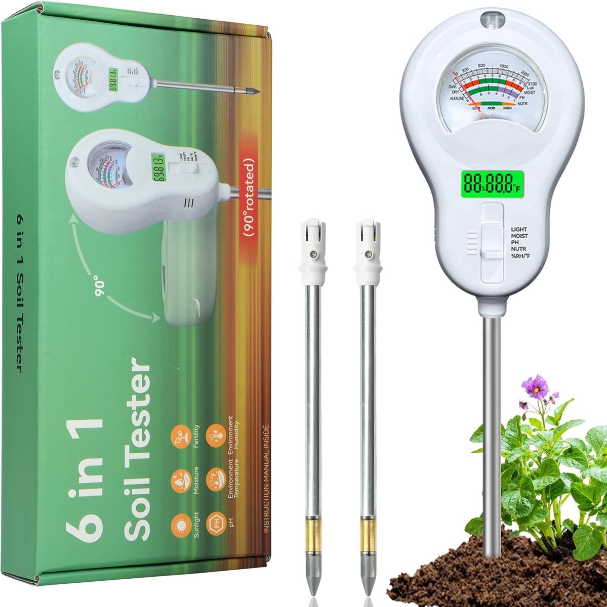 6-in-1 Floor Meter, PH/Temperature/Humidity/Light, White - ShopVlot