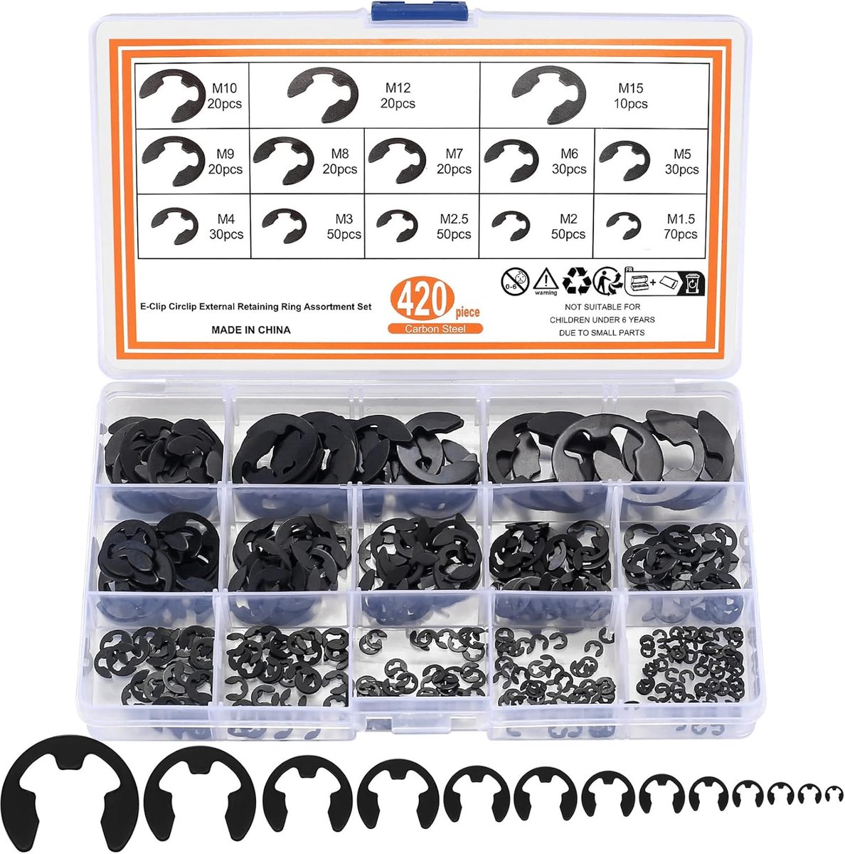 420pcs E-Clips, E External Spring Ring Assortment Set, Retaining Rings, Spring Steel Locking Pliers Fastening Rings - ShopVlot