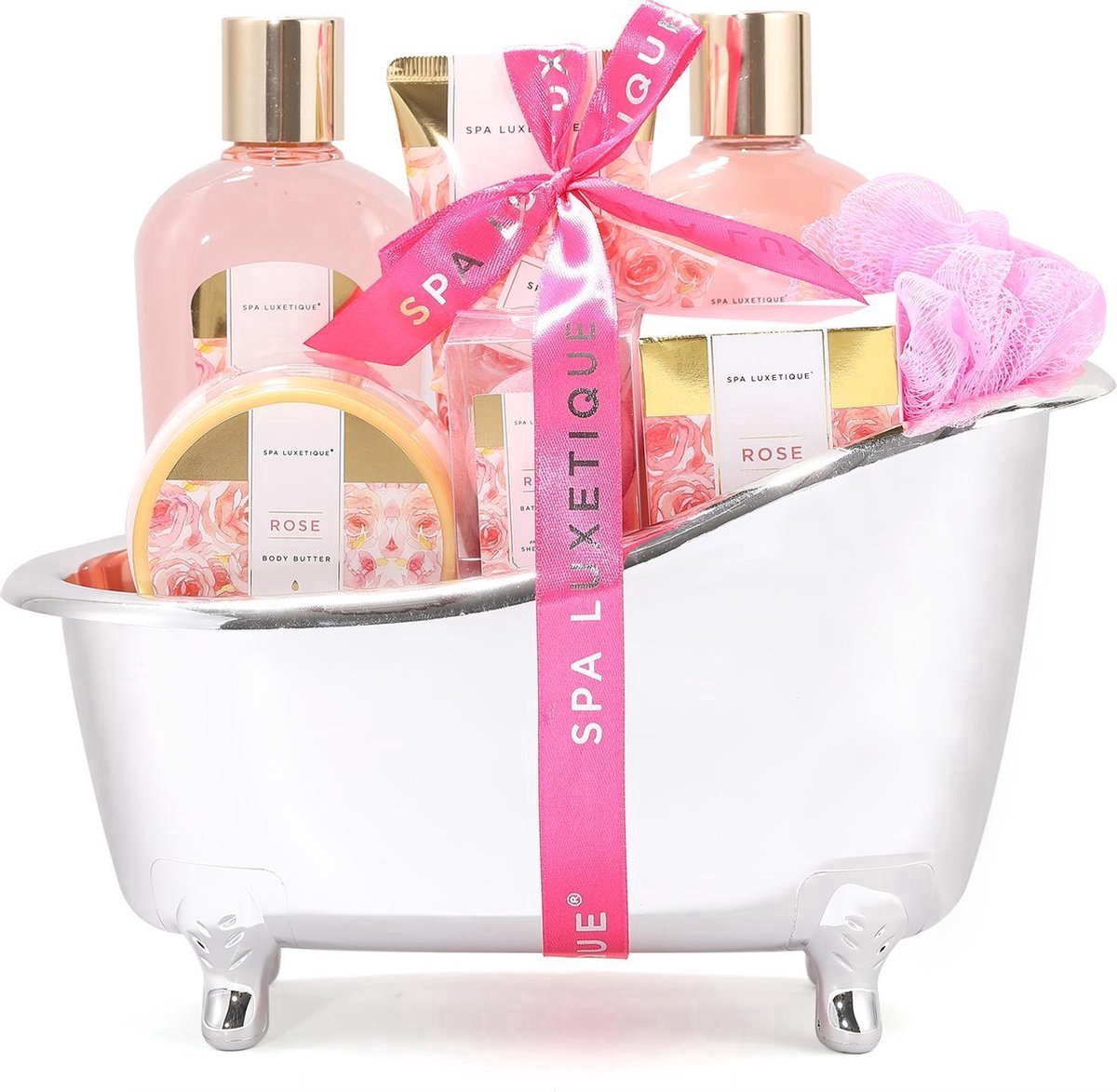 Spa Luxetique - Rose Beauty - Geschenkset Vrouwen in zilveren badkuip - Verwenpakket vrouw - Wellness bath - Verjaardag Cadeau Vrouw, voor haar, mama, vriendin, moeder - Huwelijkscadeau - Jubileum Giftset - Cadeautje Vrouw Volwassenen