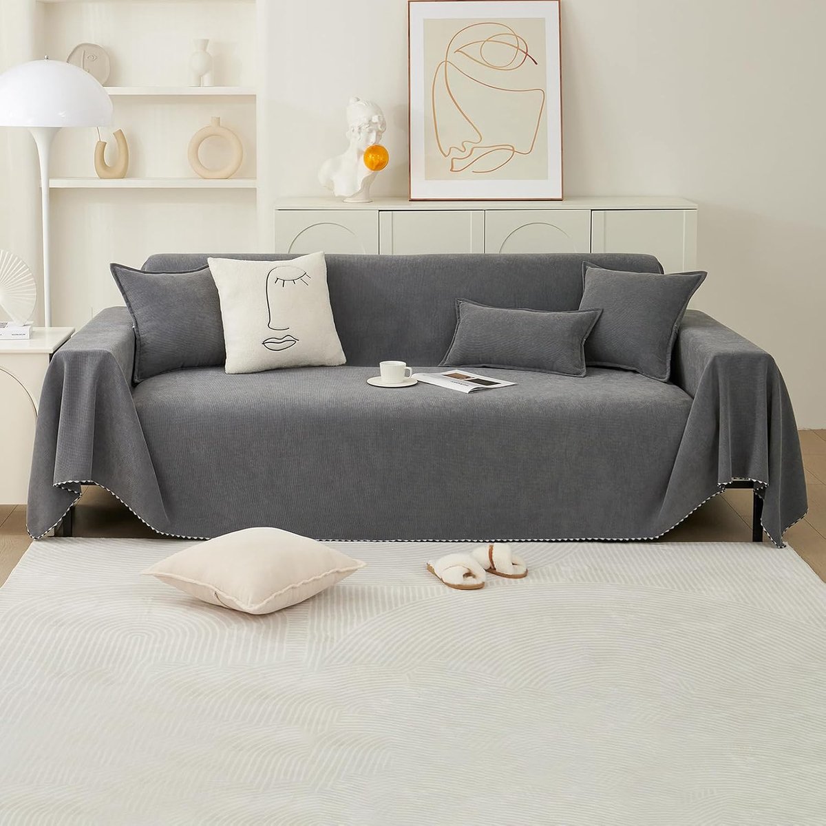 PETCUTE Chenille Multifunctional Sofa Cover Extra Large Reversible Non-Slip Winter Dark Grey 180 x 180 cm - ShopVlot