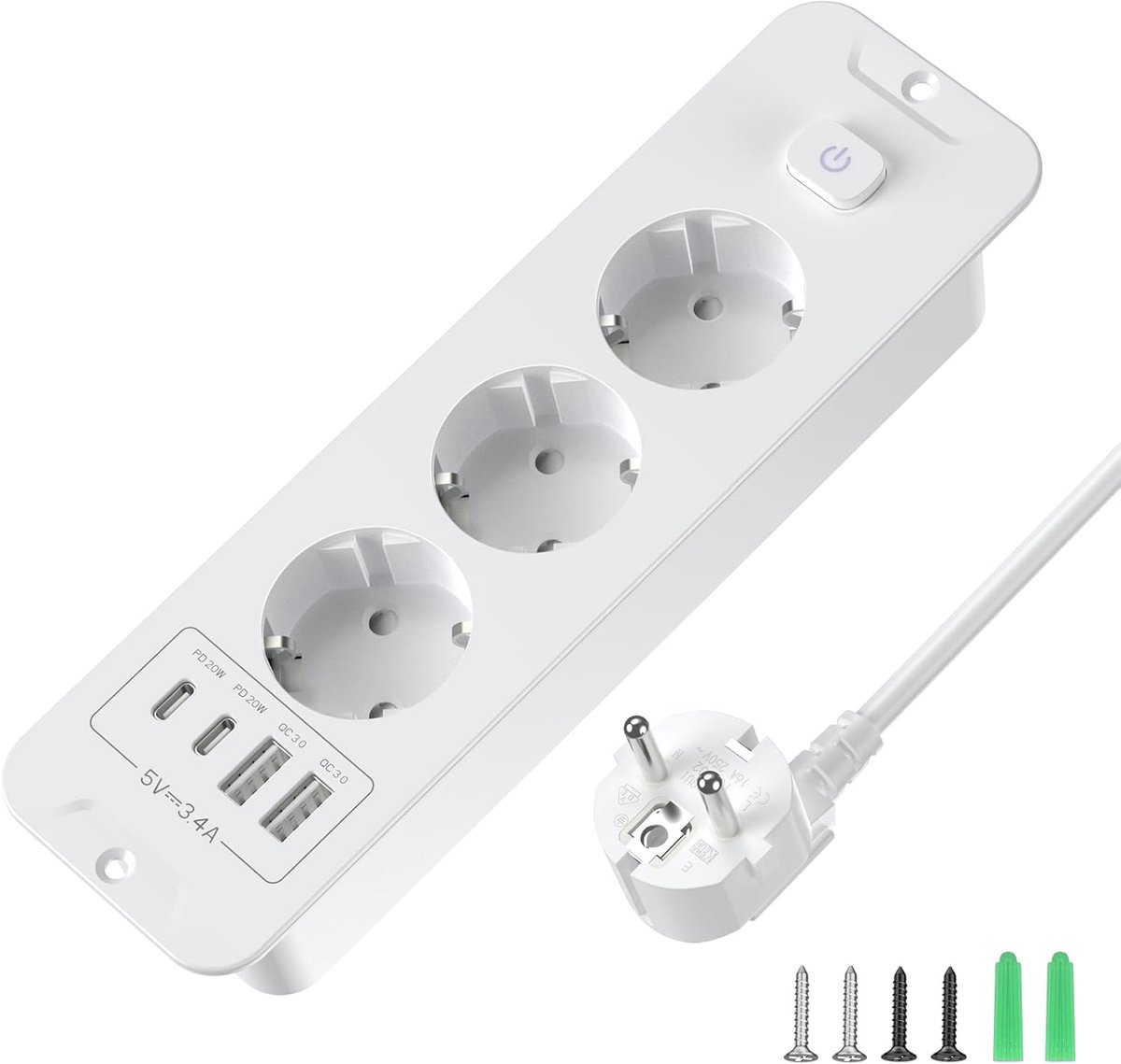 Inschuifbaar stopcontact, 3-voudig, inbouwstekkerdoos met 4 USB, inbouwstopcontact, meervoudig stopcontact - ShopVlot