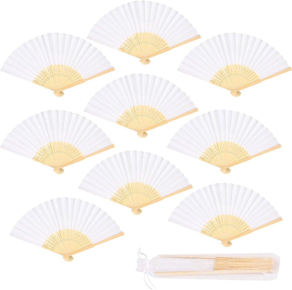 9pcs Paper Hand Fan, Foldable, White Paper, Foldable Fan with Bamboo Handle, Manual Fan with a Pouch for Tea Party - ShopVlot