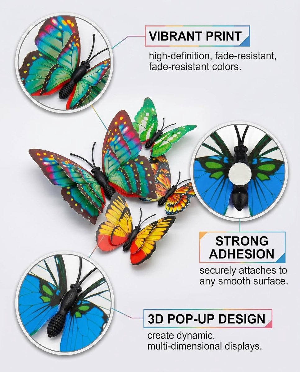 20 x zelfklevende 3D-vlinders voor muur en kinderkamer, kleurrijke ornamenten voor feest, huis, woonkamer en lente - ShopVlot