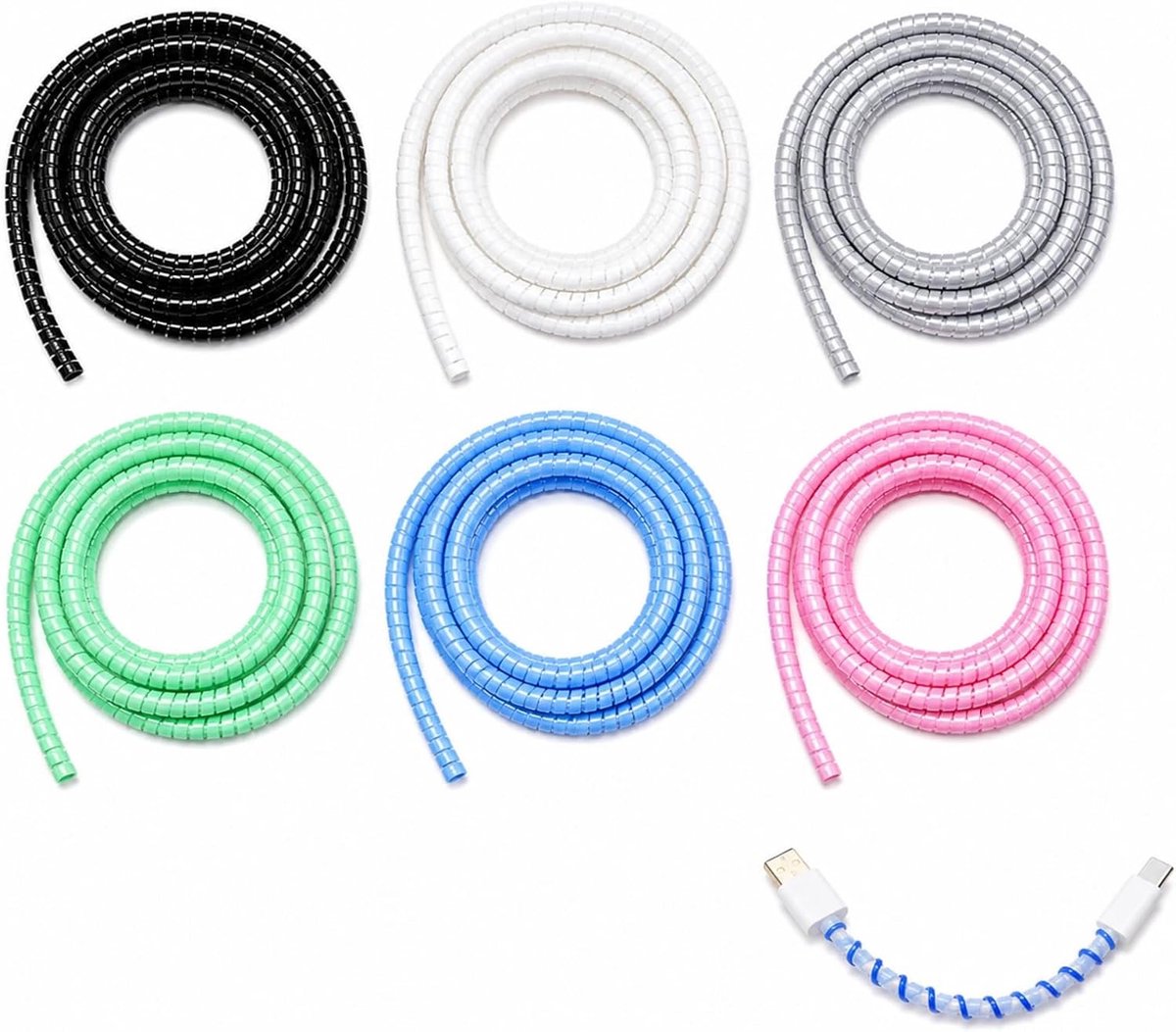 Pack of 6 Spiral Cables, 1.4 m, TPU Protective Case, Multi-Colour, Protection for Charging Cable Against Folding, Wear - ShopVlot