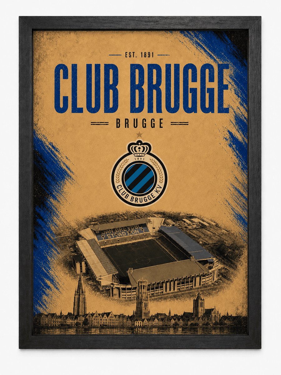 Club Brugge Poster | Jan Breydelstadion & Skyline Brugge | Voetbal Wanddecoratie | Inclusief Zwarte A4 Lijst