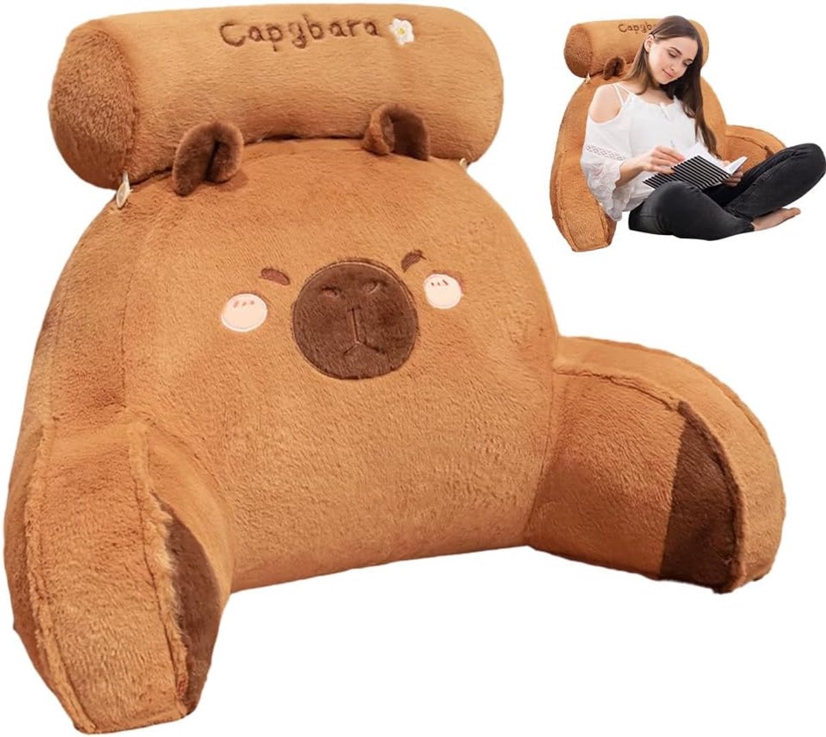 Capybara Reading Pillow with Neck and Armrest, 60x40cm Capybara Design Ergonomic Back Support Cushions, Capybara - ShopVlot