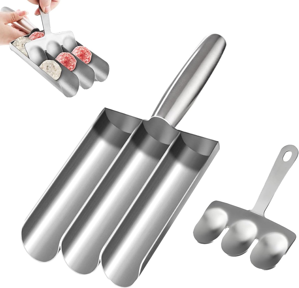 Meatball Mould Stainless Steel Meatball Maker 3 Tubes Meatball Mould Meatball Mould with Cutting Splatters, Meatball - ShopVlot