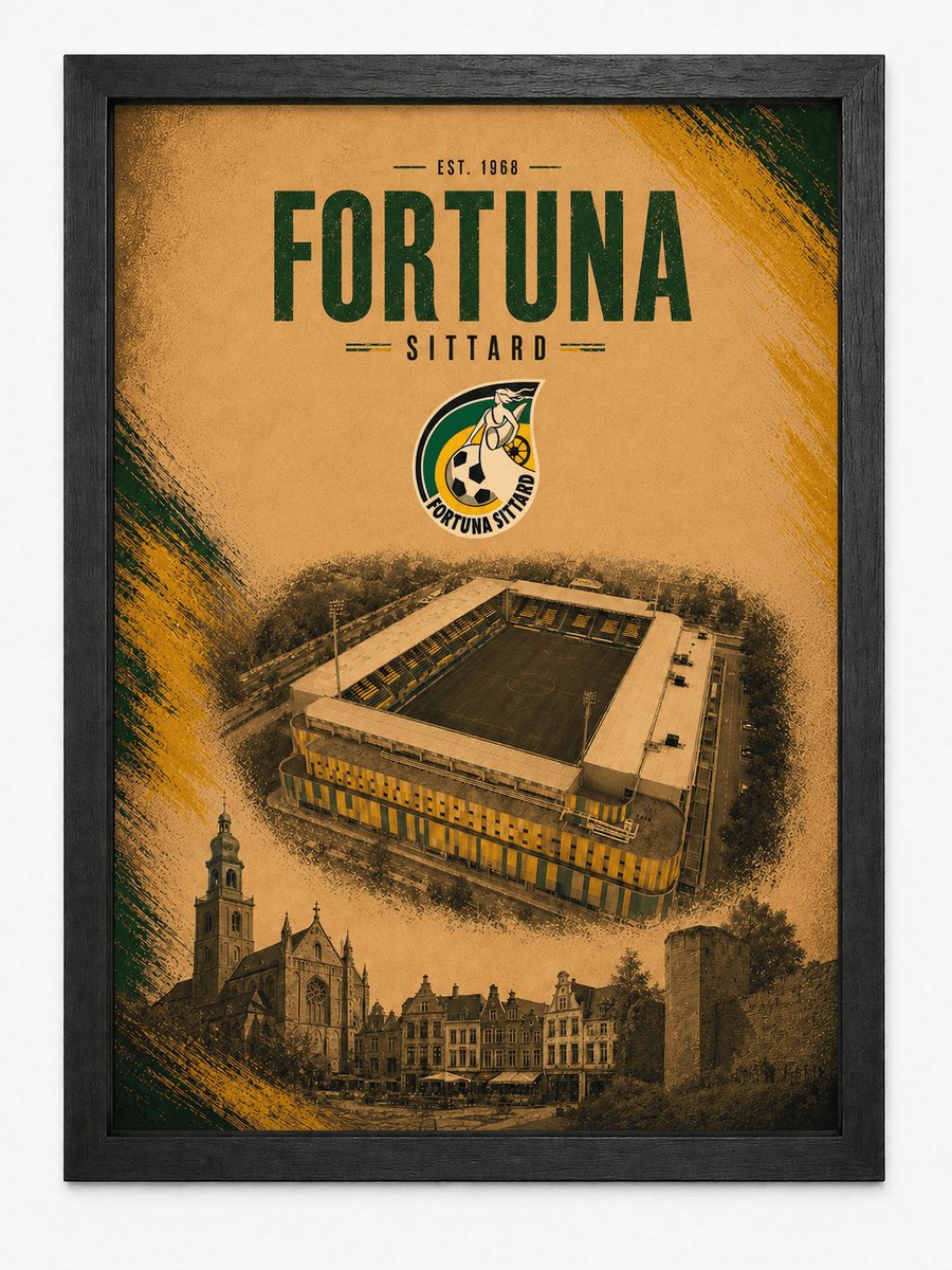 Fortuna Sittard poster | Voetbalposter met Stadion en Stadsgezicht | Inclusief zwarte A4 lijst