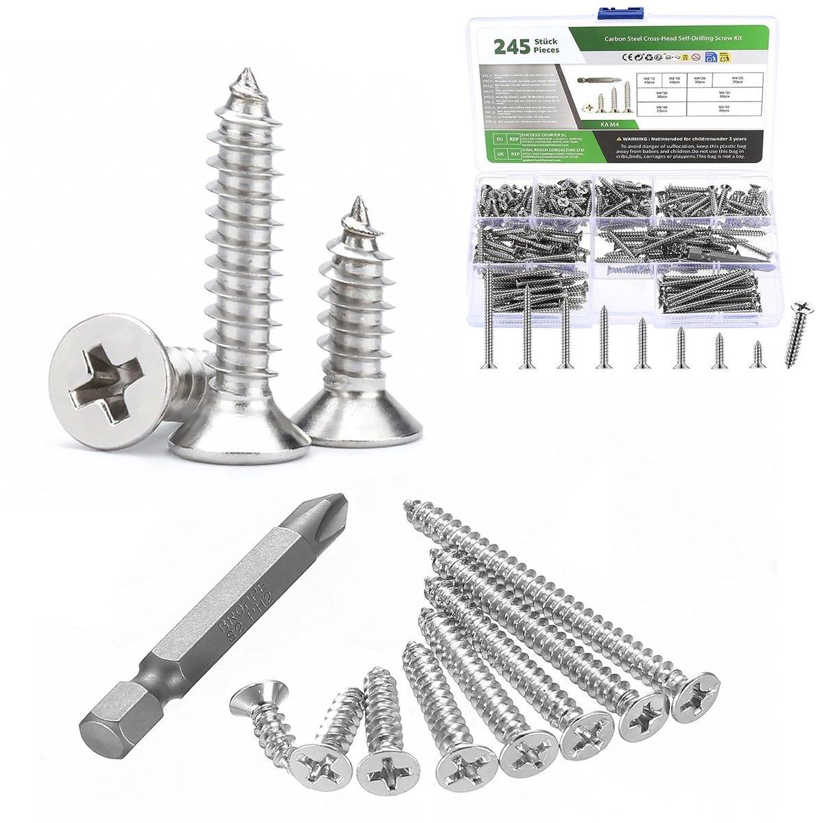 245 stuks M4 schroevenset, houtschroeven, zelftappende schroevenset, spaanplaatschroeven assortiment, verzonken - ShopVlot