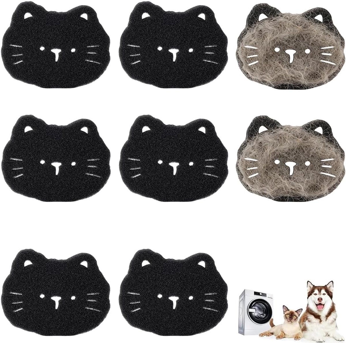 Set van 8 dierenhaarverwijderaars, schattig kattenmotief, herbruikbaar voor wasmachine, verwijdert honden- en - ShopVlot
